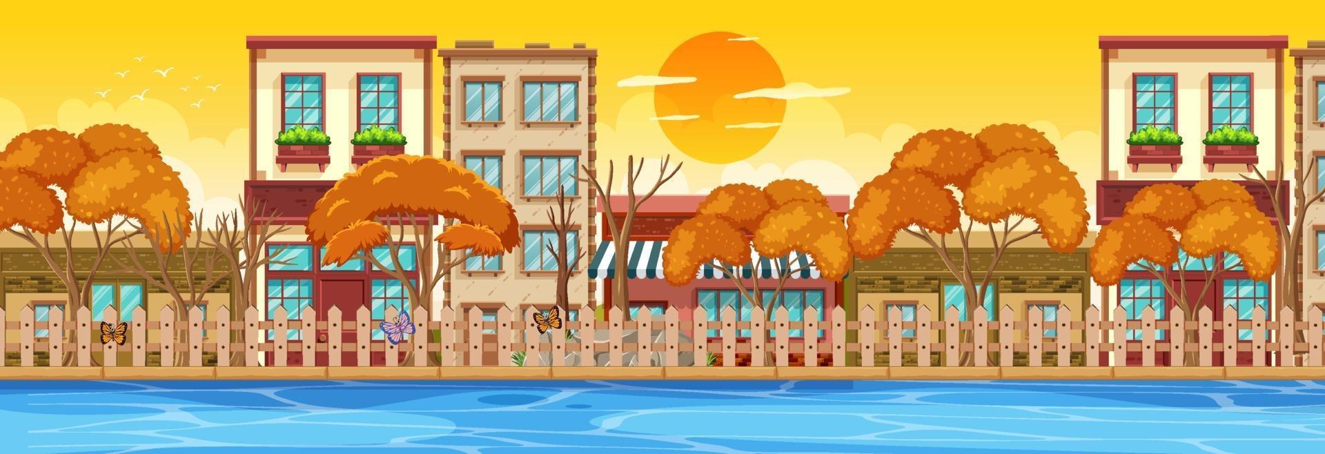 muitos edifícios ao longo da cena horizontal do rio na hora do pôr do sol vetor