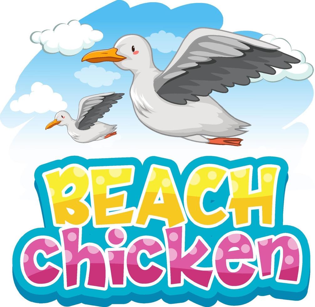 personagem de desenho animado de pássaro gaivota com banner de fonte de frango de praia isolado vetor