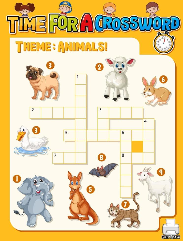 template de jogo de palavras cruzadas sobre animais vetor