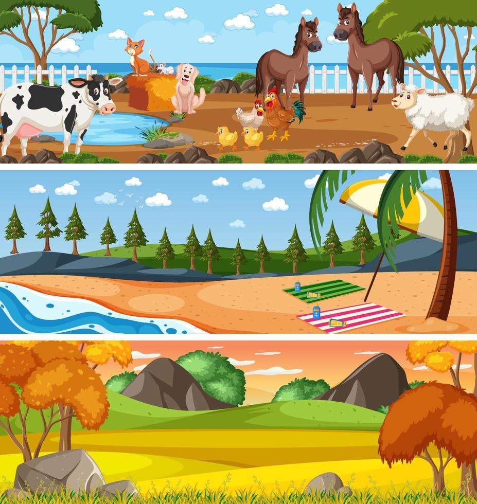 paisagem panorâmica de natureza diferente definida com personagem de desenho animado vetor