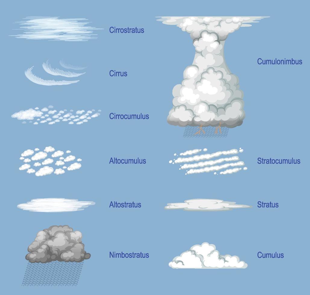 os diferentes tipos de nuvens com nomes vetor