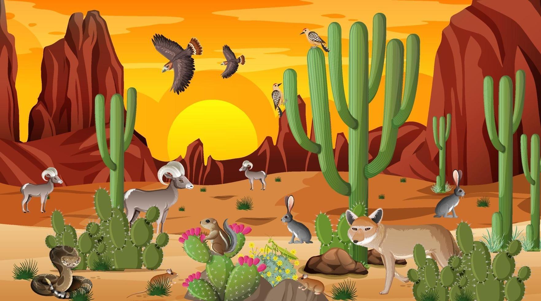 paisagem da floresta do deserto ao pôr do sol cena com animais selvagens vetor