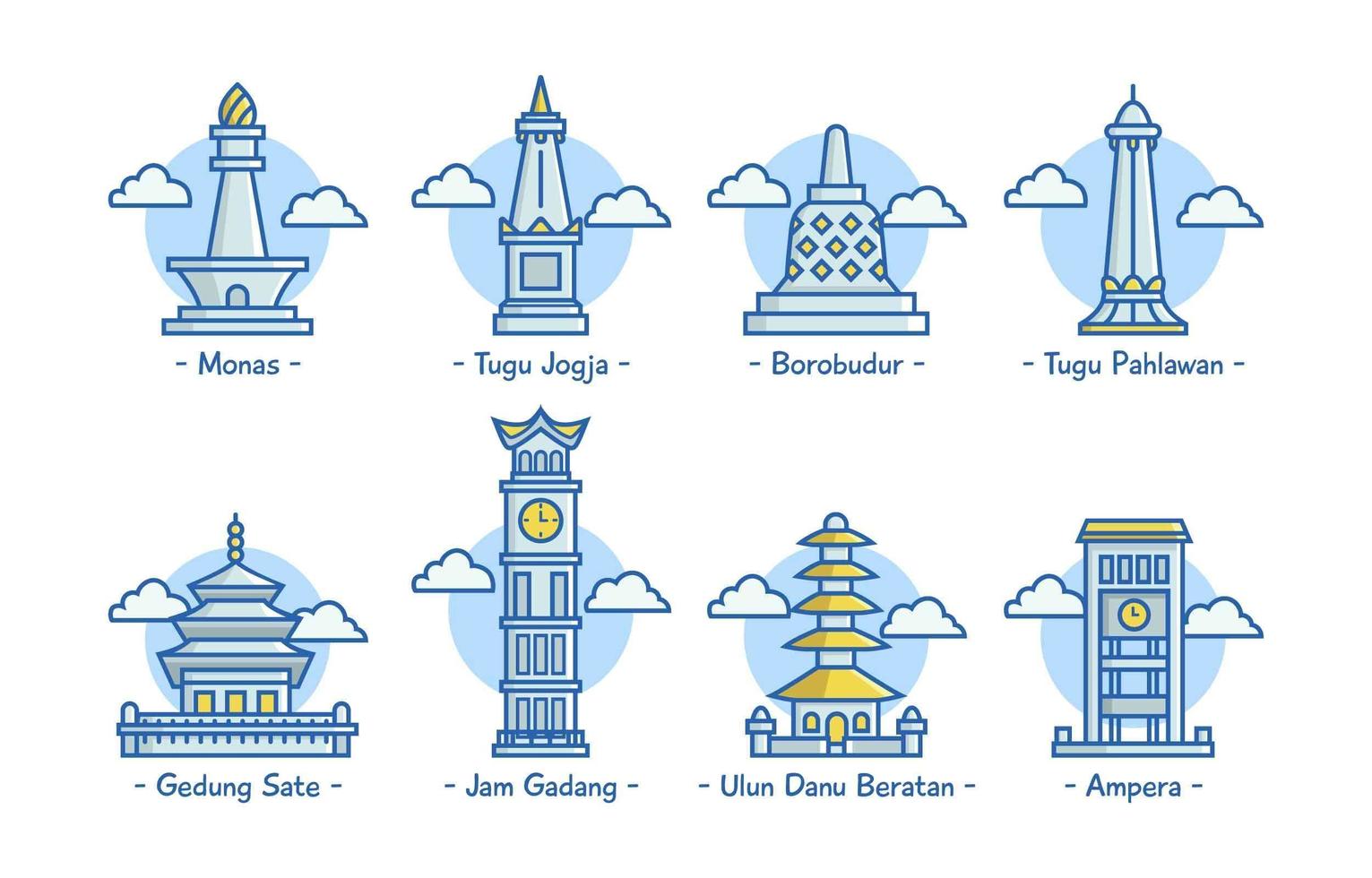 conjunto de ícone de marco da Indonésia vetor