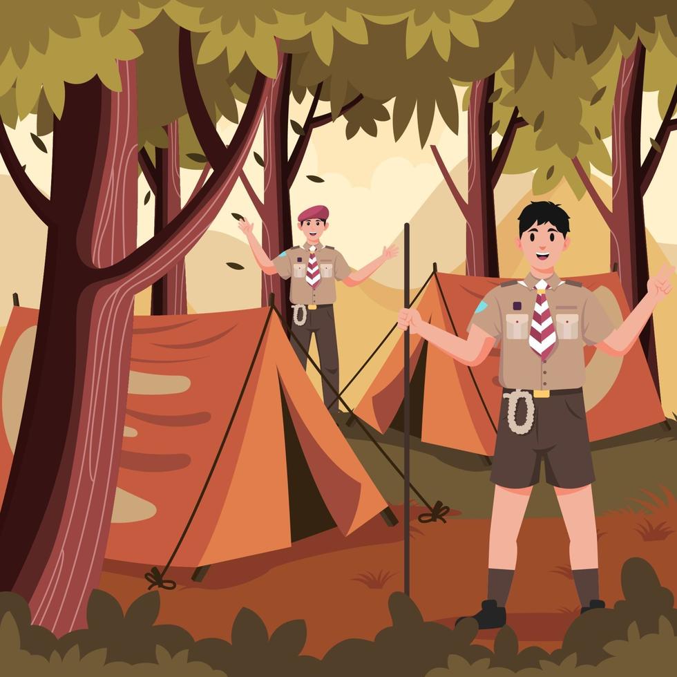 Pramuka acampando na floresta vetor