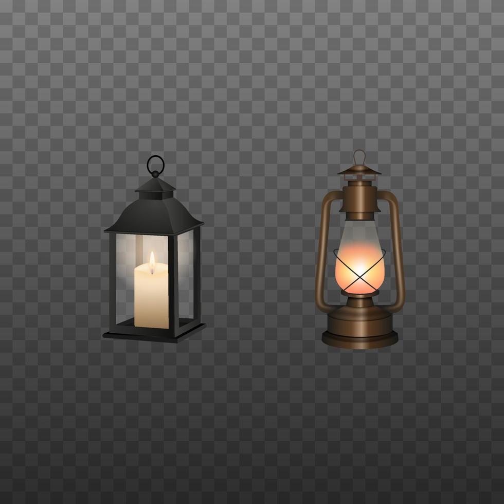 lanternas isoladas. lamparina a óleo velha e lanterna com vela vetor