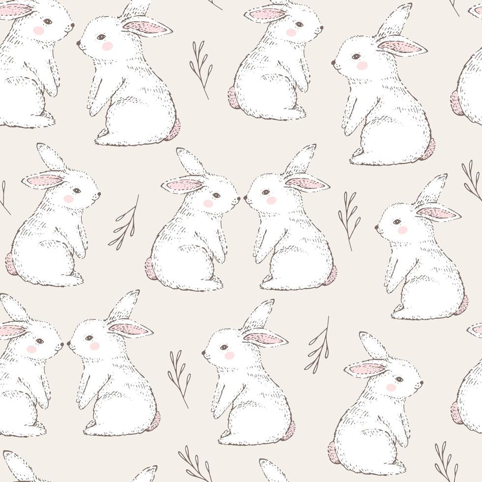 padrão sem emenda com coelhos brancos bonitos. vetor desenhado à mão