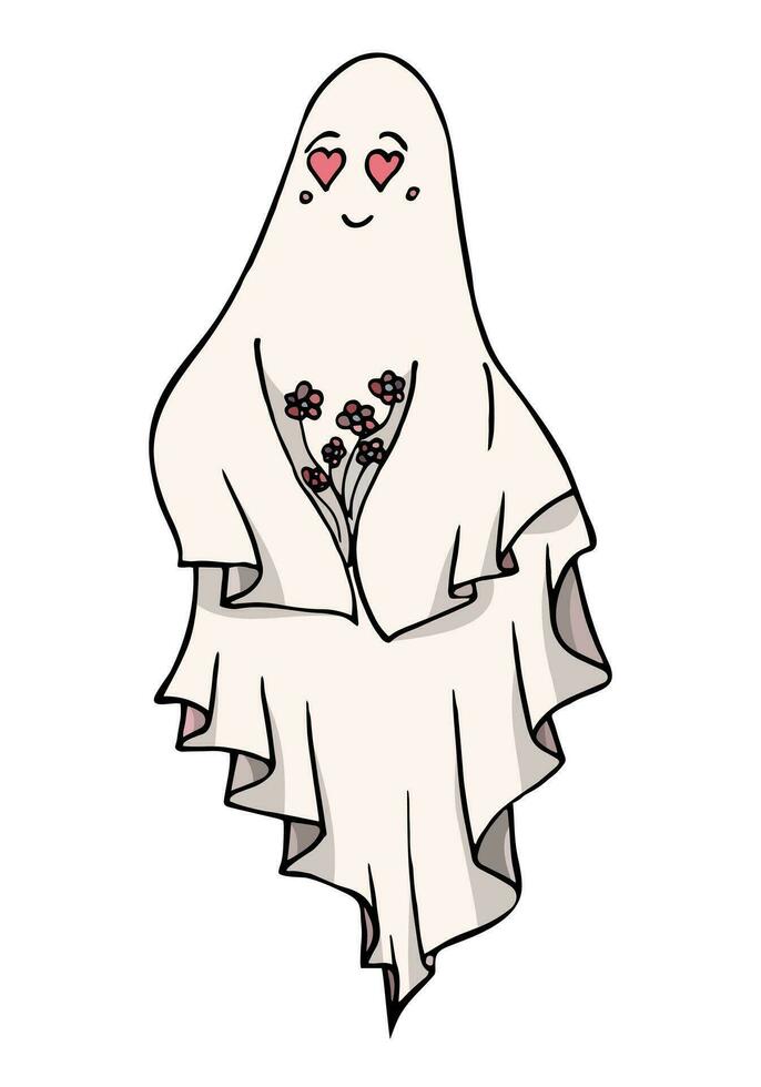 fofa fantasma isolado, desenho animado fantasmas, assustador vetor, fofa rabisco personagem, dia das Bruxas engraçado espírito com flores e coração em forma olhos vetor