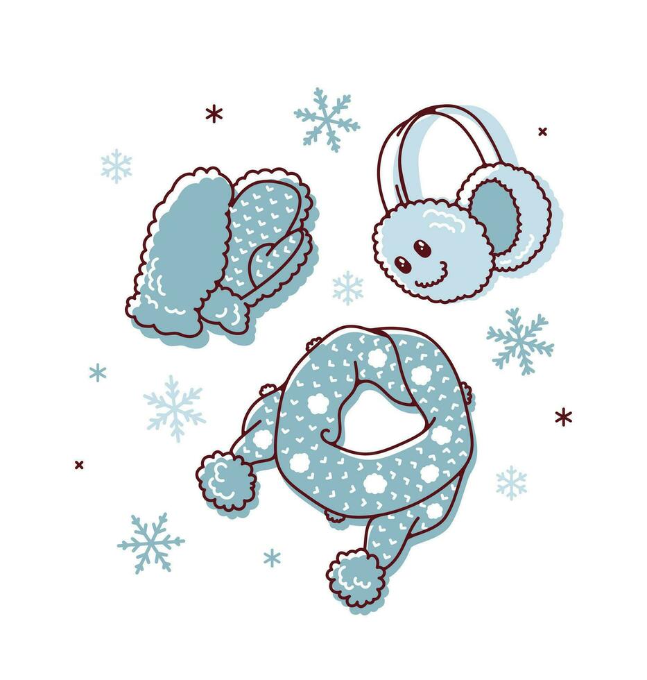 vetor conjunto do inverno acessórios com flocos de neve. caloroso fones de ouvido, tricotado lenço, pele luvas. inverno acolhedor ilustração.