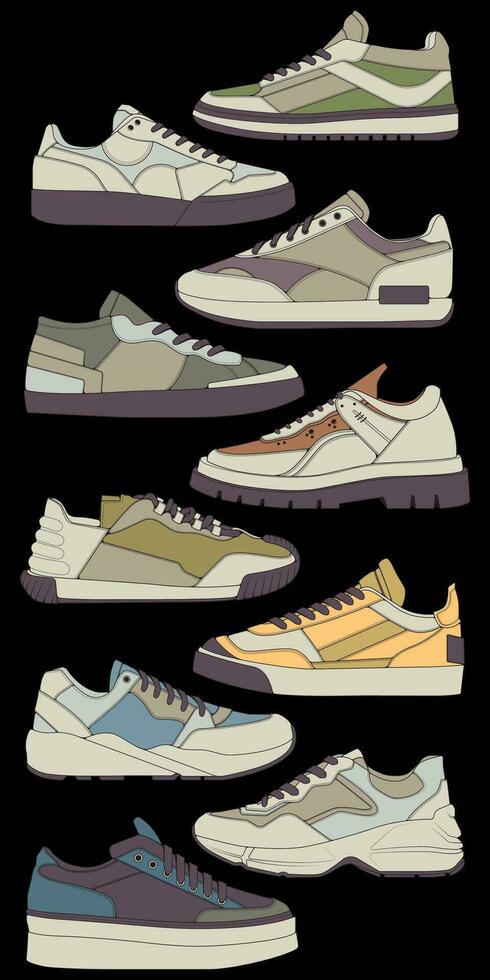 conjunto do sapatos tênis desenhando vetor, tênis desenhado dentro uma esboço estilo, empacotamento tênis formadores modelo, vetor ilustração.