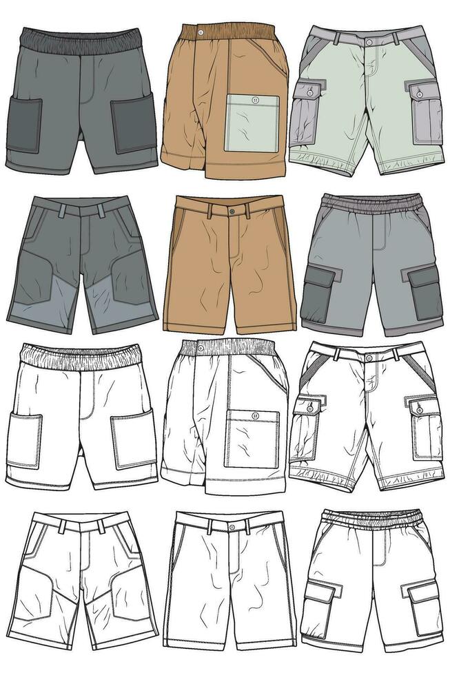 moderno curto calça coloração desenhando vetor, moderno curto calça dentro uma esboço estilo, Treinamento modelo vetor, vetor ilustração.