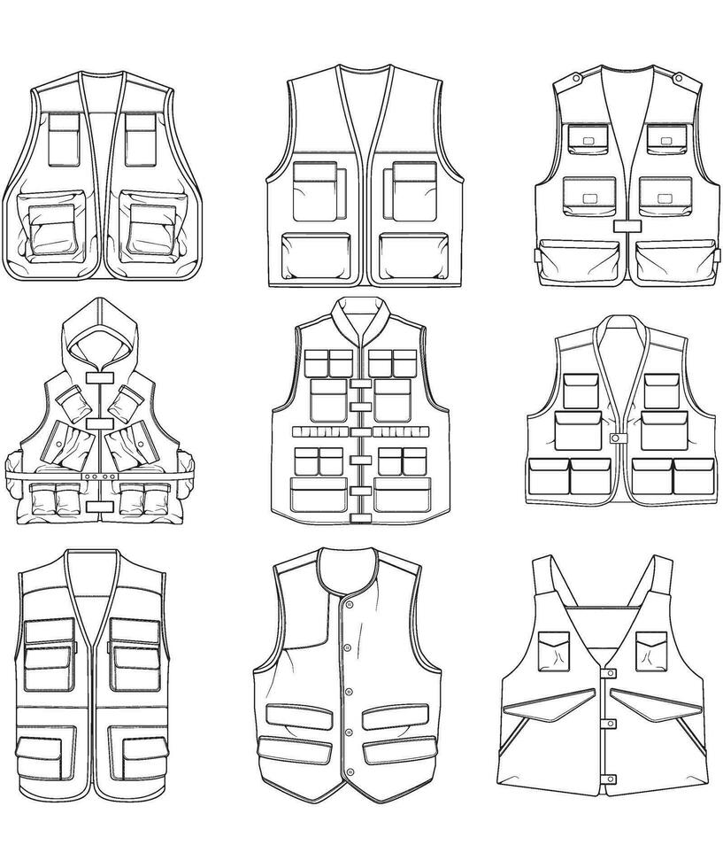 conjunto do colete esboço desenhando vetor, colete dentro uma esboço estilo, formadores modelo contorno, vetor ilustração.