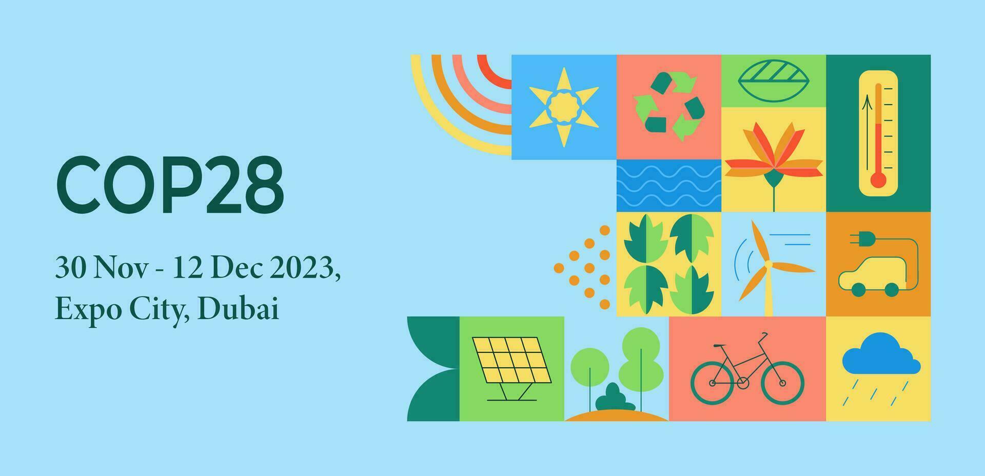 policial 28. anual Unidos nações clima mudança conferência. 30 nov - 12 dezembro 2023, dubai, Unidos árabe emirados. abstrato simples geométrico formas. internacional clima cume bandeira. vetor