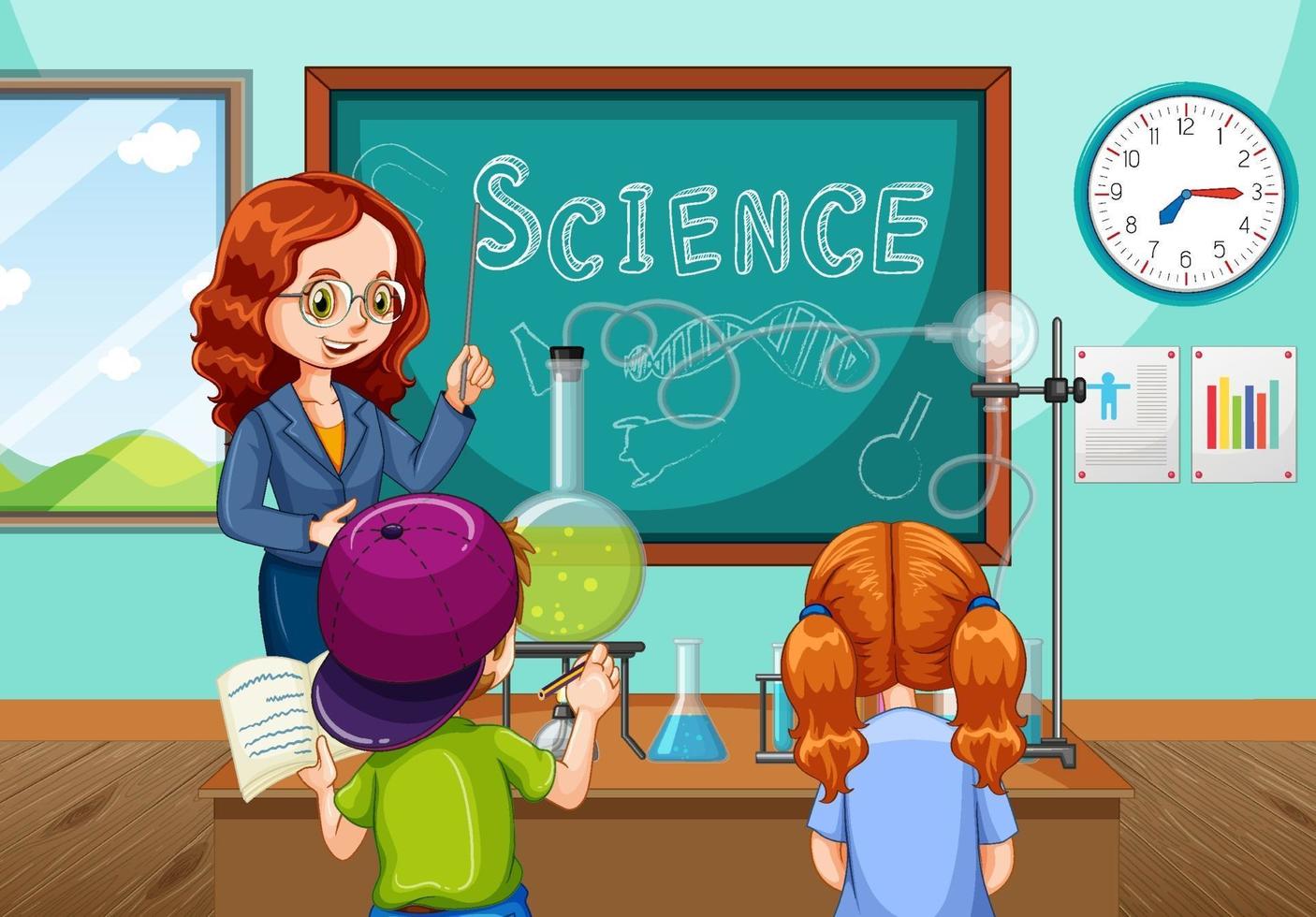 professor explicando experimento de ciências para os alunos na sala de aula vetor