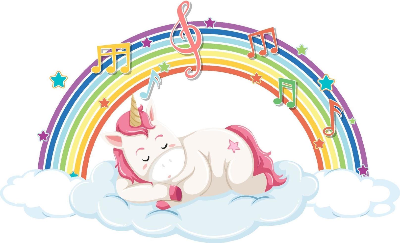 unicórnio dormindo na nuvem com arco-íris e símbolo de melodia vetor