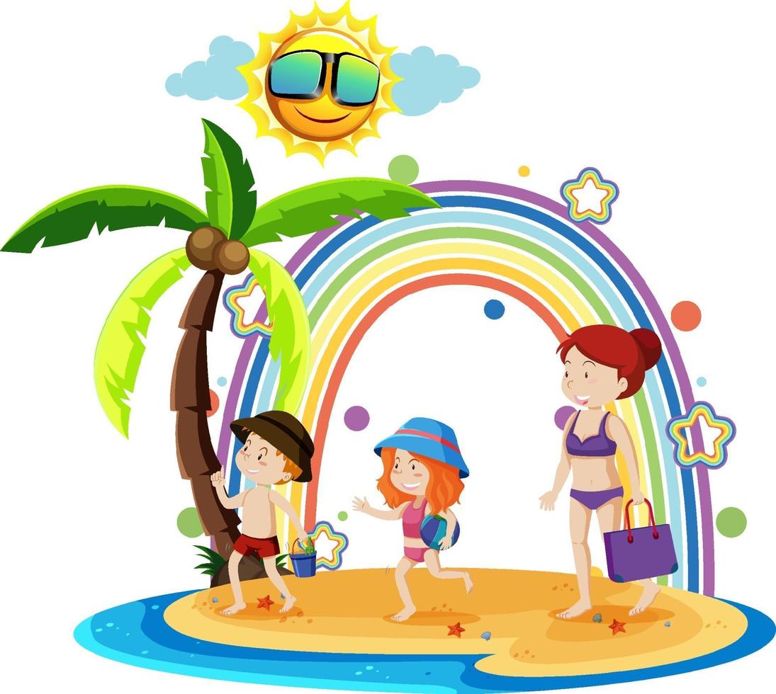 arco-íris na ilha com família de férias vetor