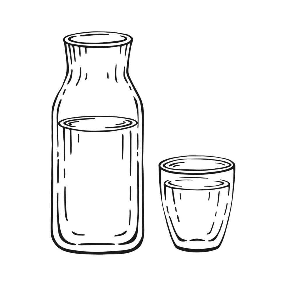 garrafa desenhada à mão e vidro isolado no fundo branco vetor
