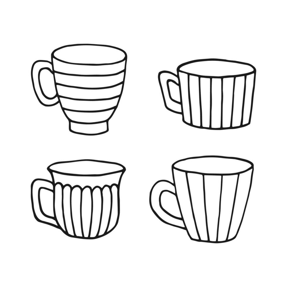 caneca desenhada à mão. conjunto de xícaras em estilo doodle. ilustração vetorial isolada no fundo branco. vetor