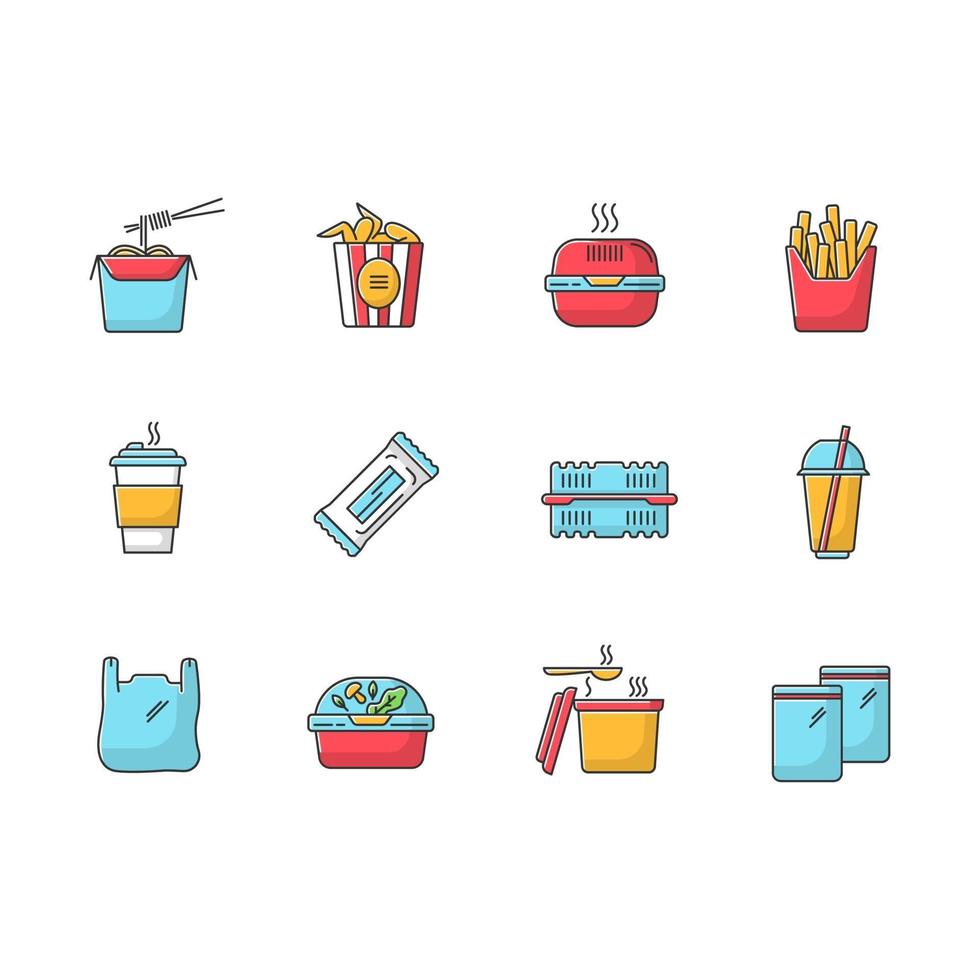 conjunto de ícones de cores rgb de pacotes de comida para viagem vetor