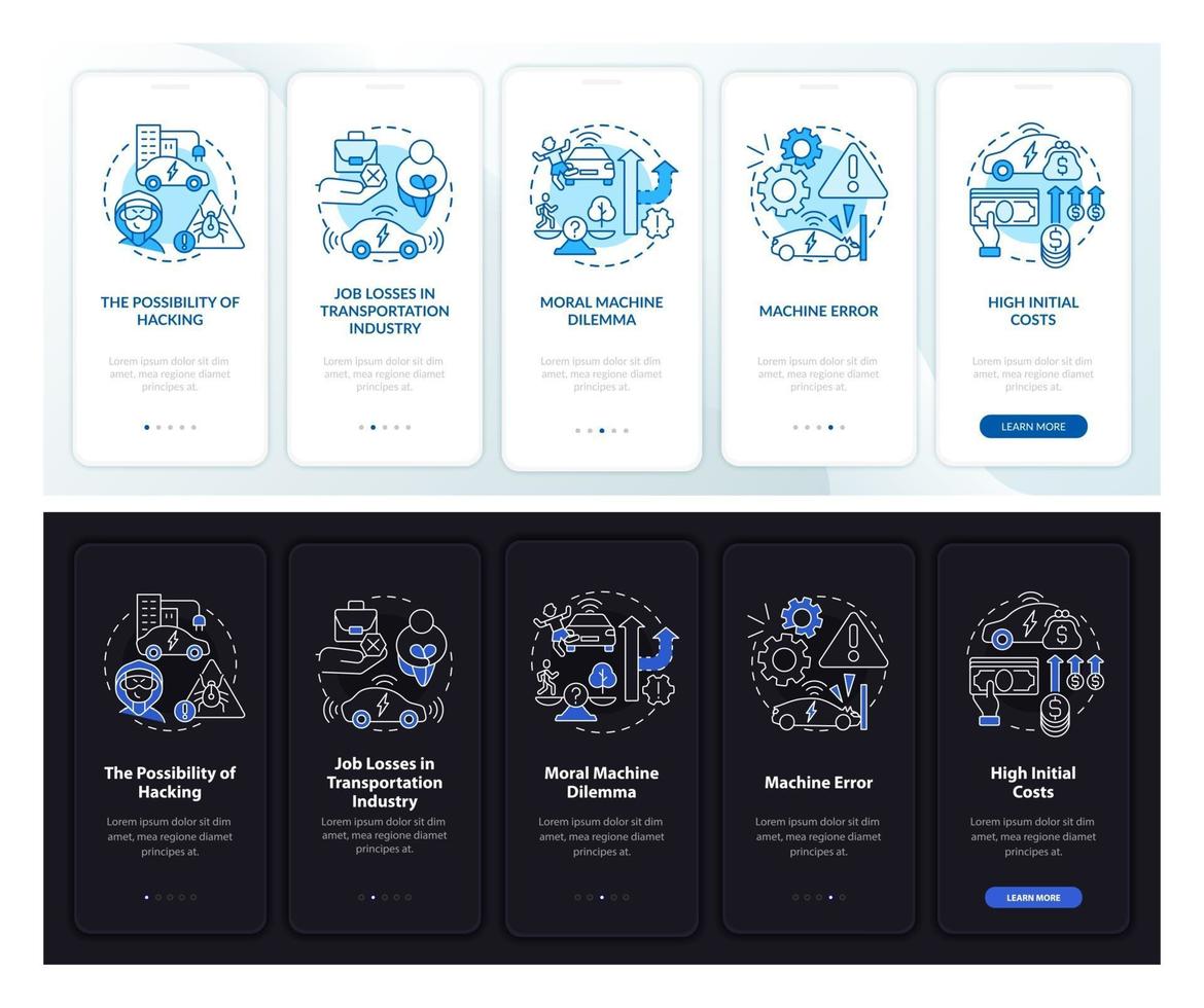 carros autônomos contras tela da página do aplicativo móvel onboarding. vetor