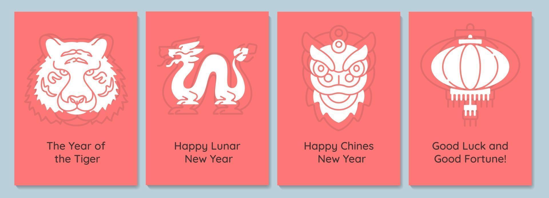 cartões comemorativos de ano novo chinês com conjunto de elemento de ícone de glifo vetor