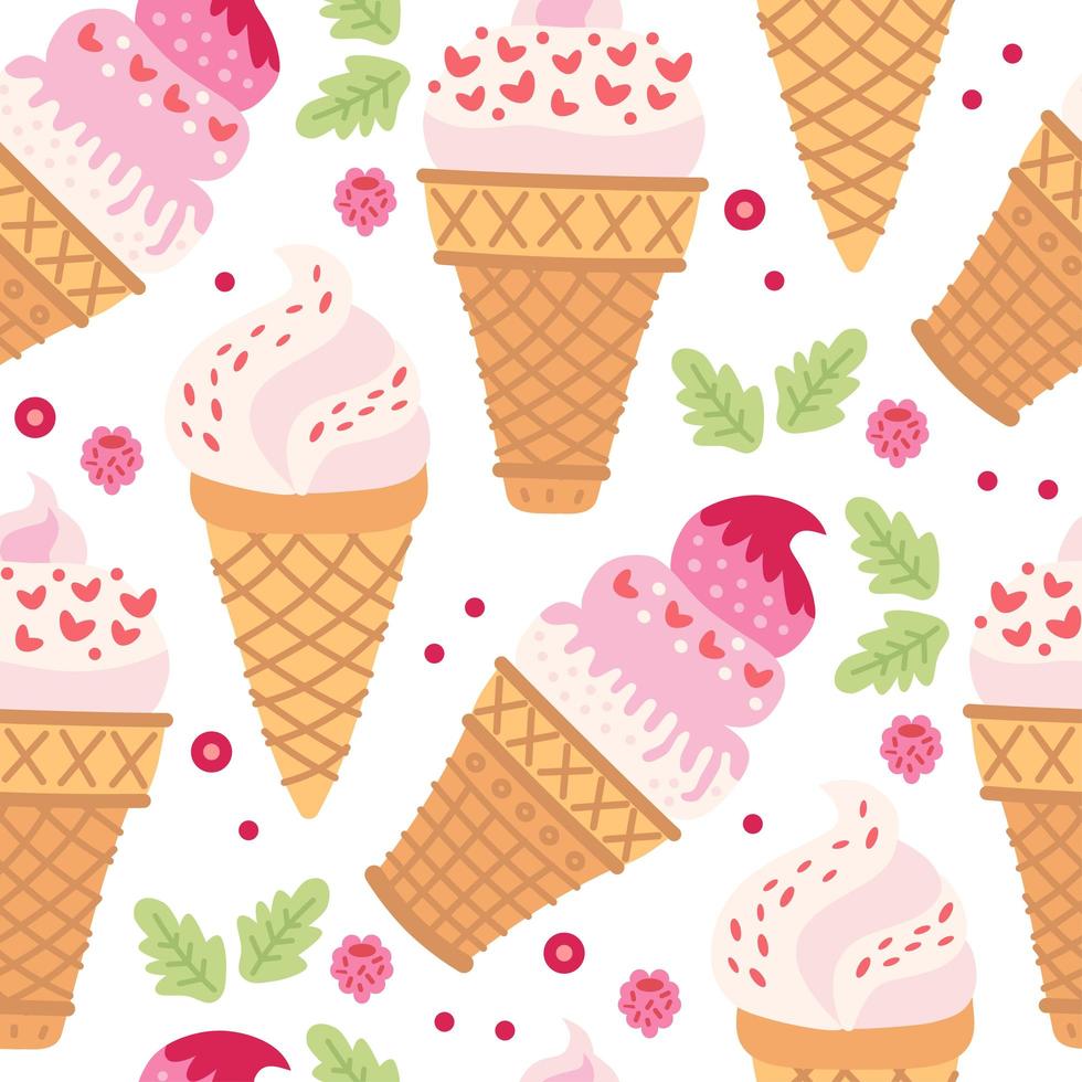 padrão sem emenda de desenhos animados com sorvete em cones de waffle. vetor