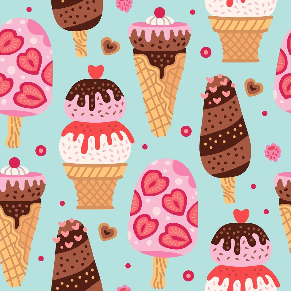 padrão sem emenda de desenhos animados com sorvete em cones de waffle. vetor