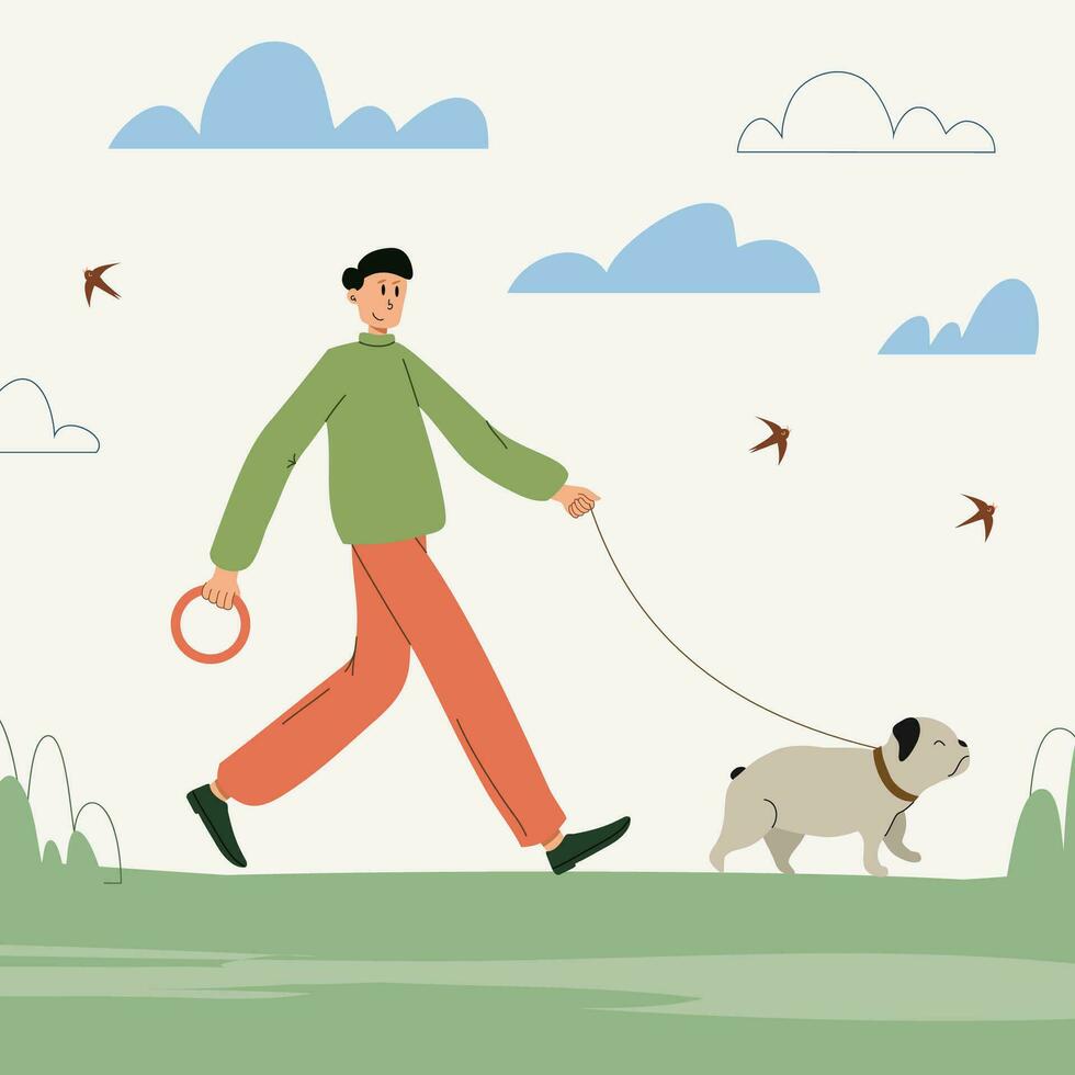 homens andar cachorro em natureza ou parque panorama vetor