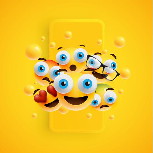 3D e diferentes tipos de emoticons com smartphone fosco, vetor illustartion