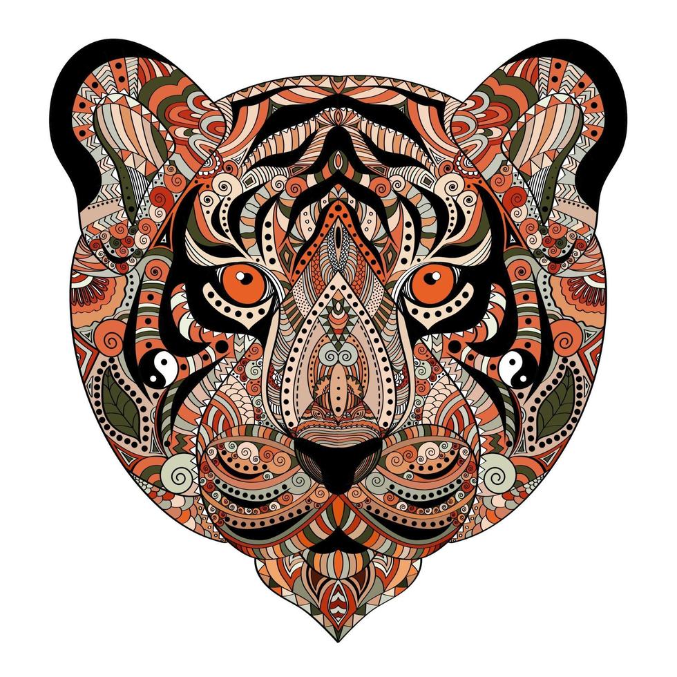 cabeça de tigre zentangle colorida. ilustração vetorial desenhada à mão vetor