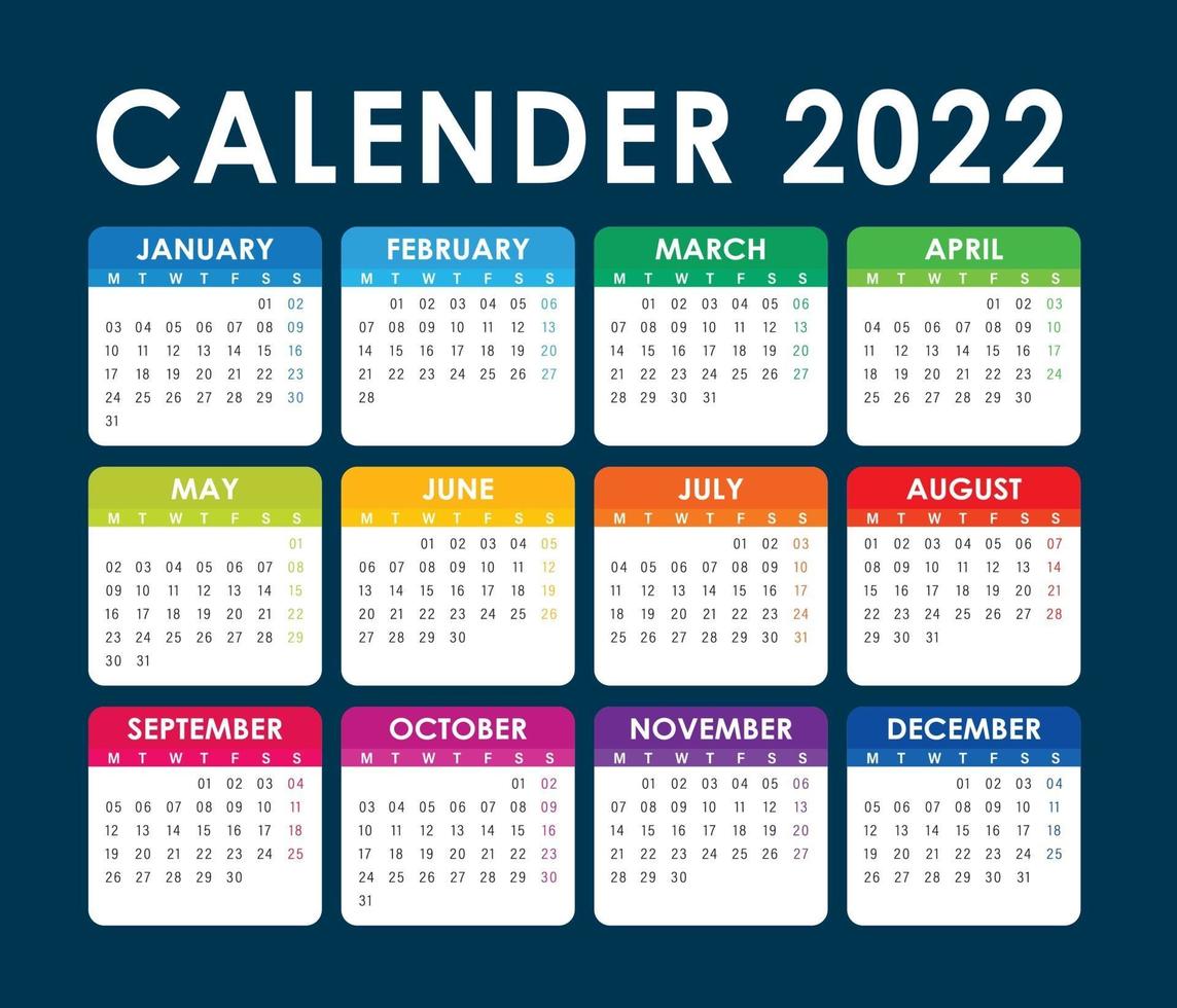 Vetor de calendário 2022, versão em inglês