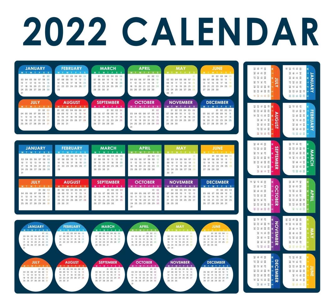 2022 calendário vetor inglês totalmente editável