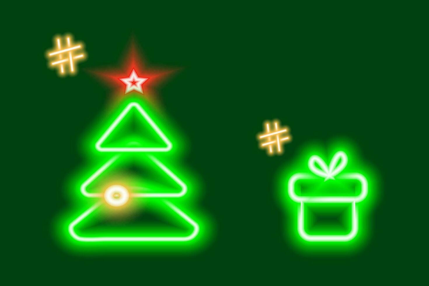 2 néon brilhando Natal árvore e presente caixa ícones com hashtags dentro na moda verde sombras. Projeto conceito vetor