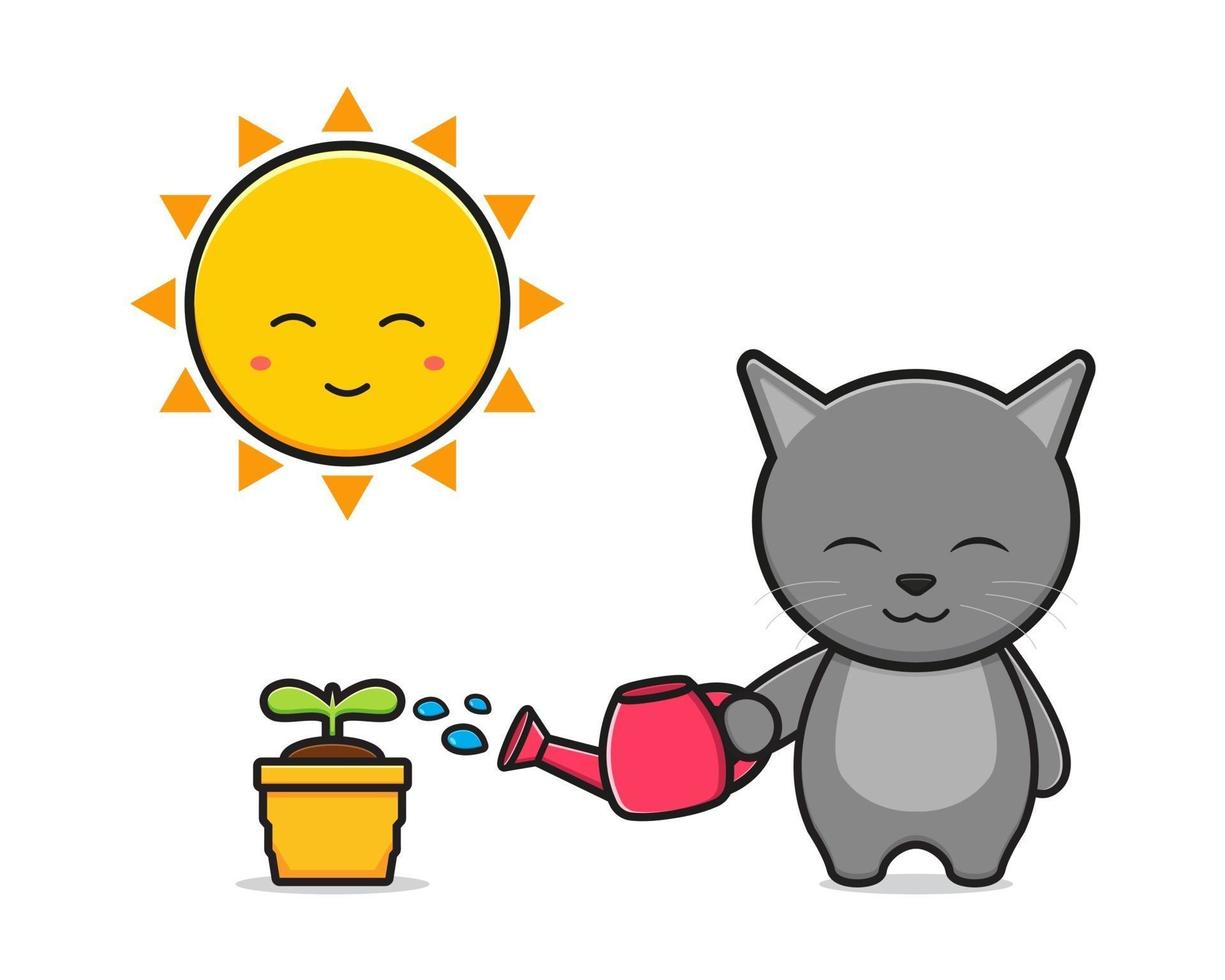 ilustração do ícone dos desenhos animados de planta regadora de gato fofo vetor