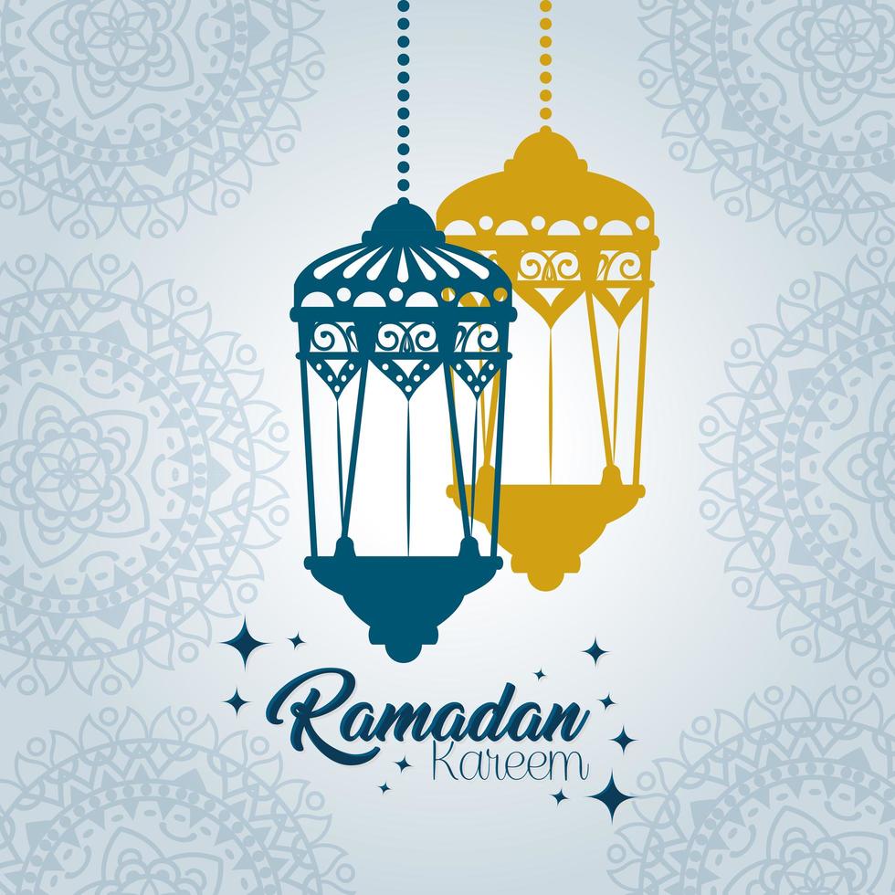 pôster ramadan kareem com lanternas penduradas vetor