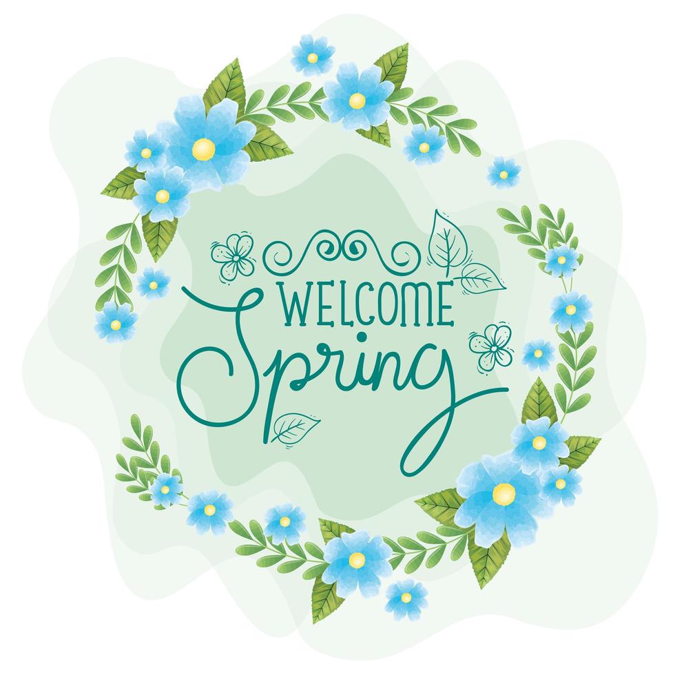 bem-vinda a primavera com moldura de flores e folhas vetor