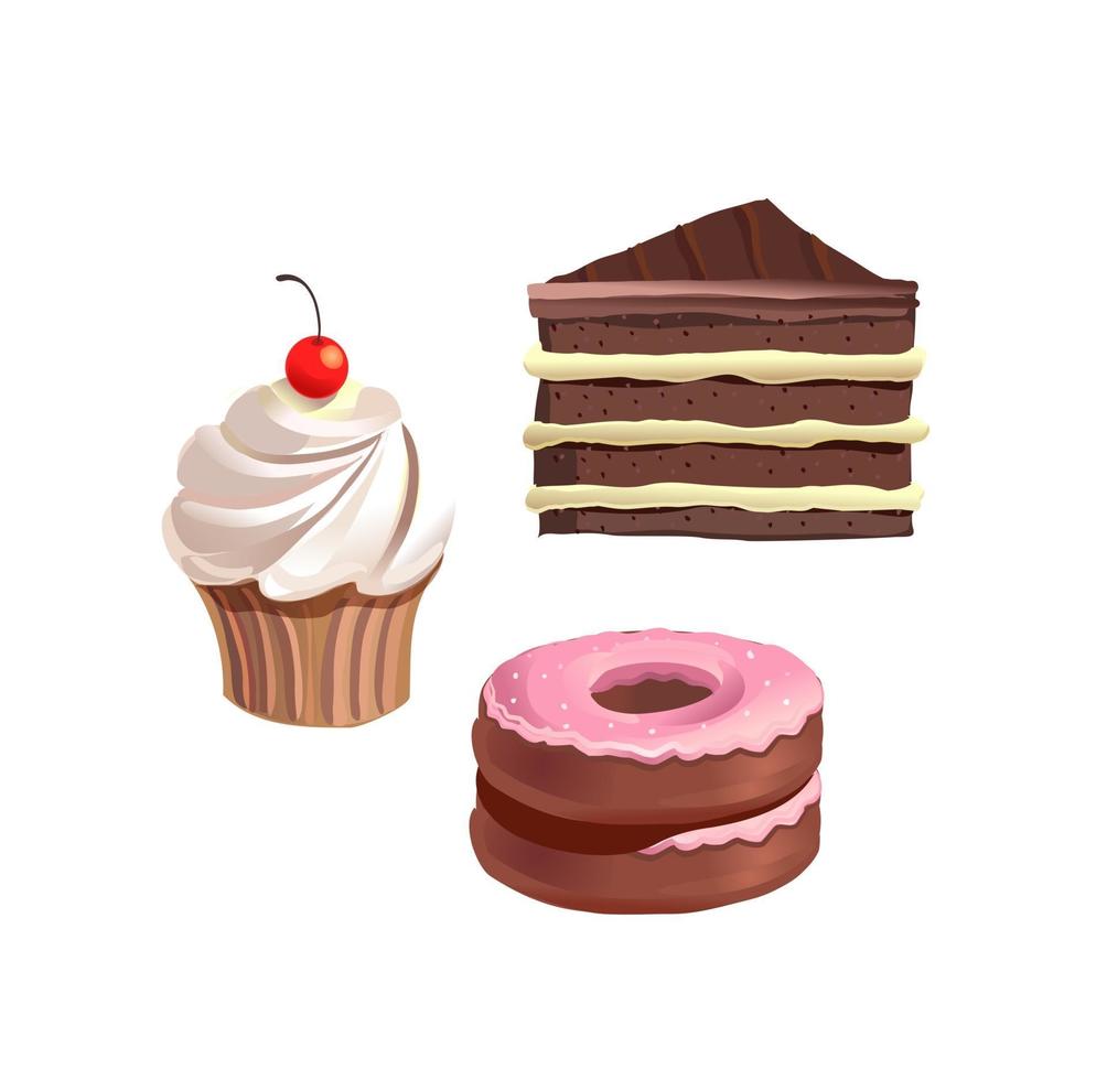 bolos, bolo e donuts doces. ilustração vetorial vetor