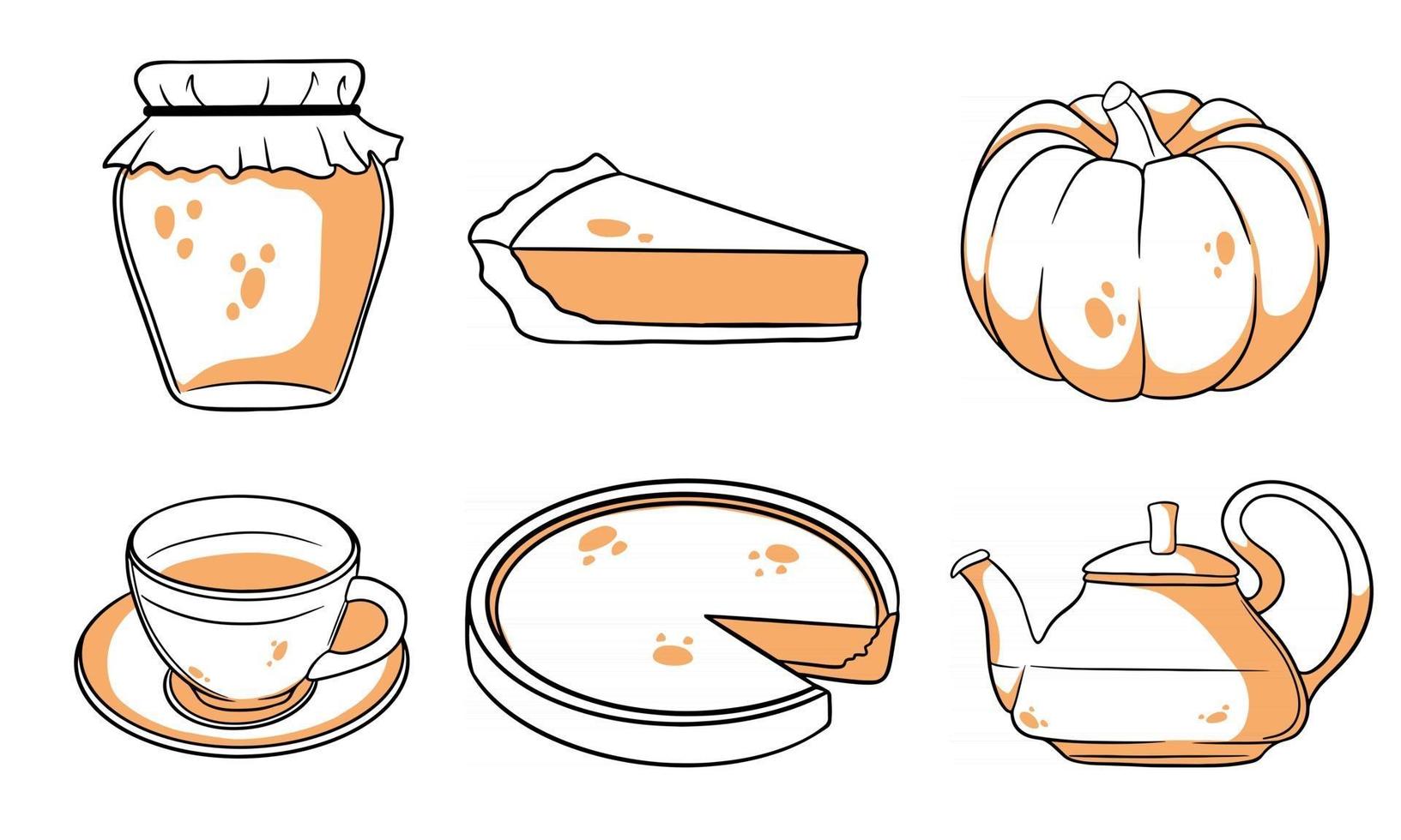 conjunto de outono. abóbora, chá quente, chaleira, caneca, torta de abóbora, geléia. vetor