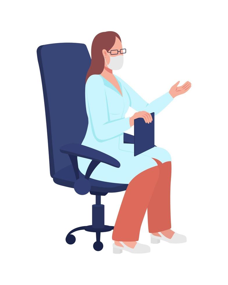 mulher médica com máscara sentada na cadeira personagem de vetor semi-plano