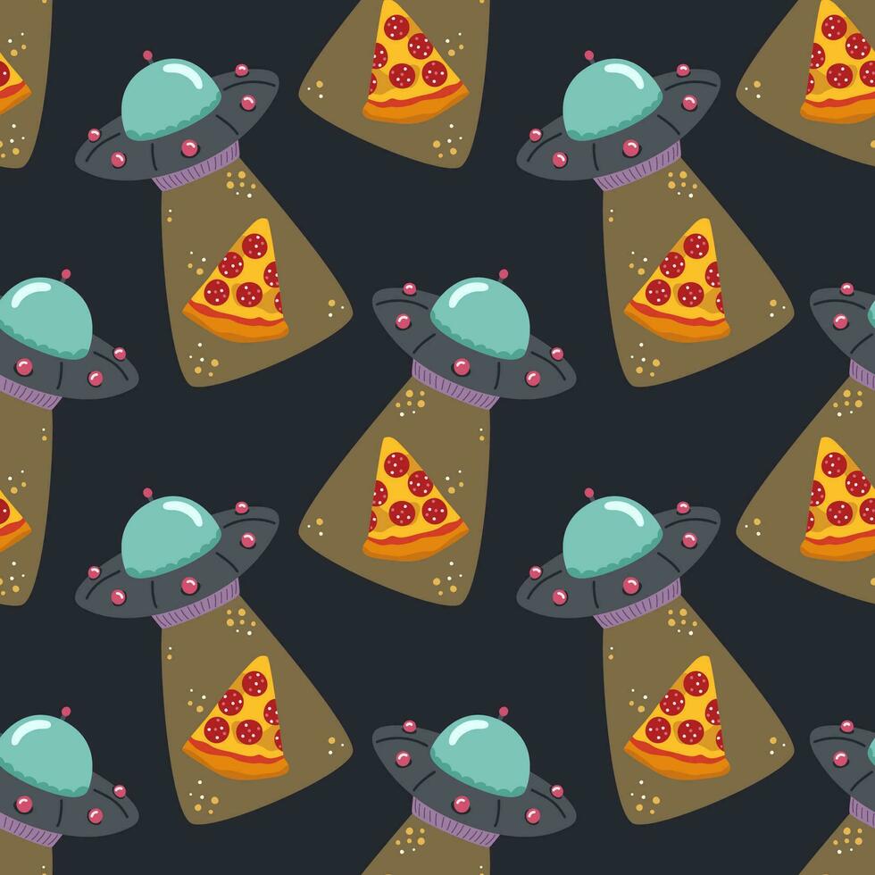 UFO e pizza. desatado padronizar em uma Sombrio fundo. vetor ilustração