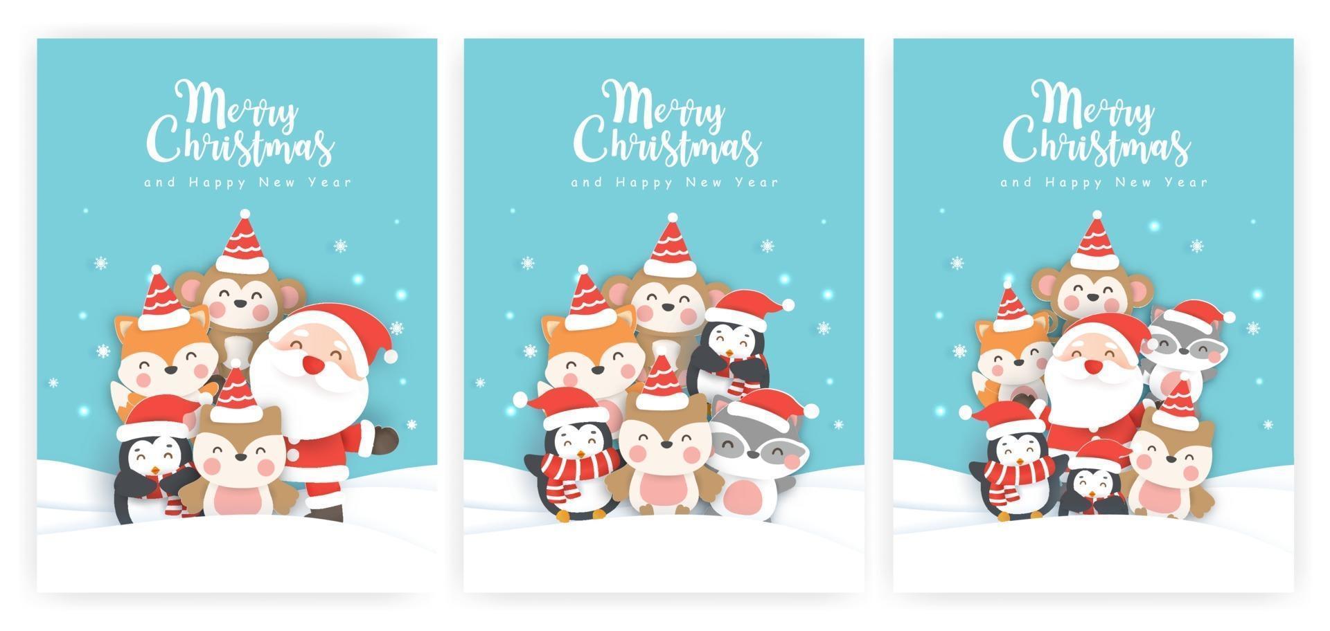 cartões de natal e cartões de ano novo com animais fofos vetor