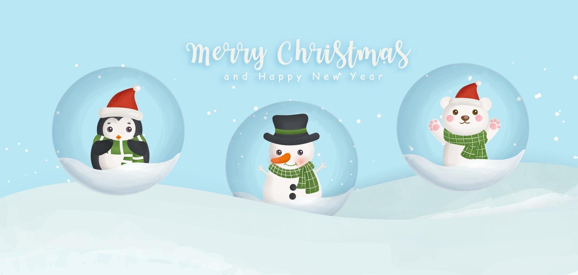 banner de Natal e feliz ano novo com boneco de neve, pinguim e urso. vetor