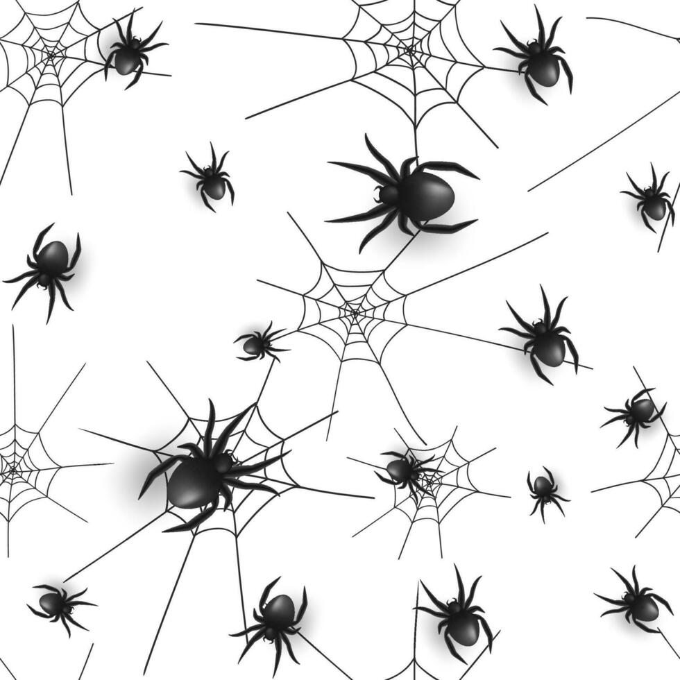 feliz dia das Bruxas Projeto vetor desatado padronizar. apresentando teia de aranha e assustador 3d aranhas em uma branco fundo, isto acrescenta uma toque do estranho elegância para seu projeto. não ai gerado.