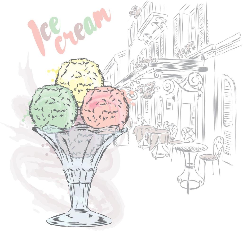 lindo sorvete e cidade vintage vetor