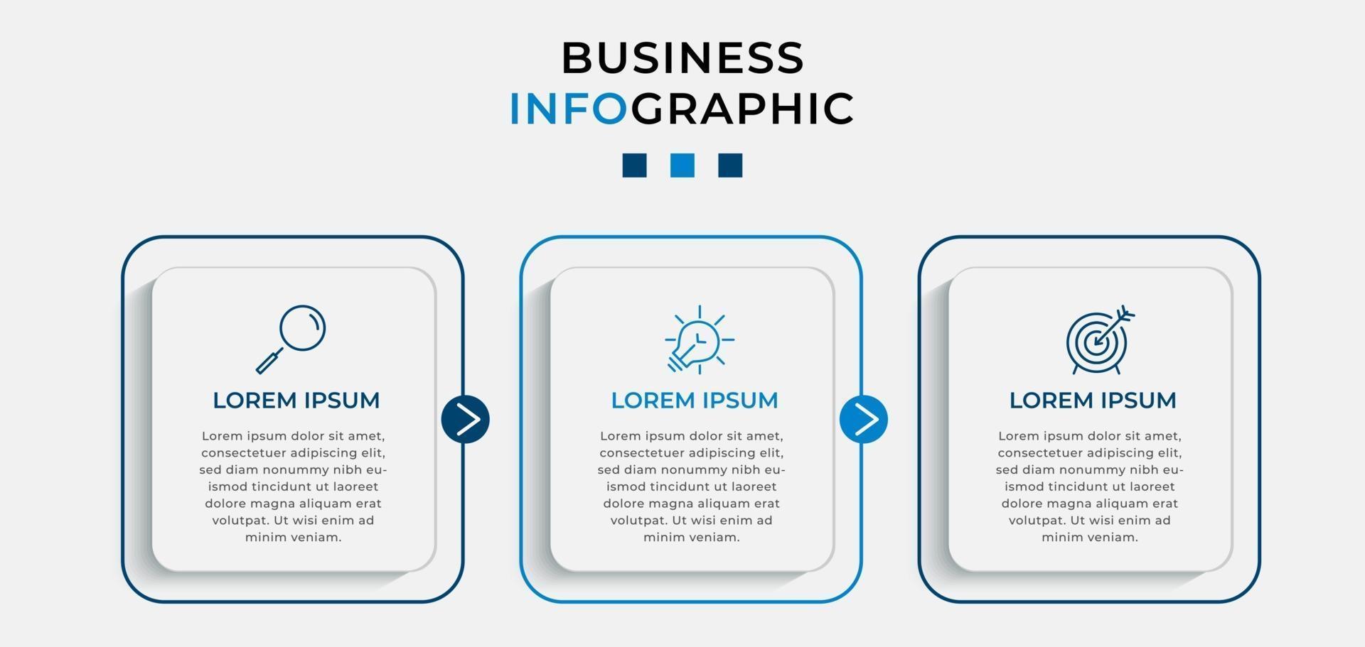 infográfico design modelo de negócios com ícones e 3 opções ou etapas vetor