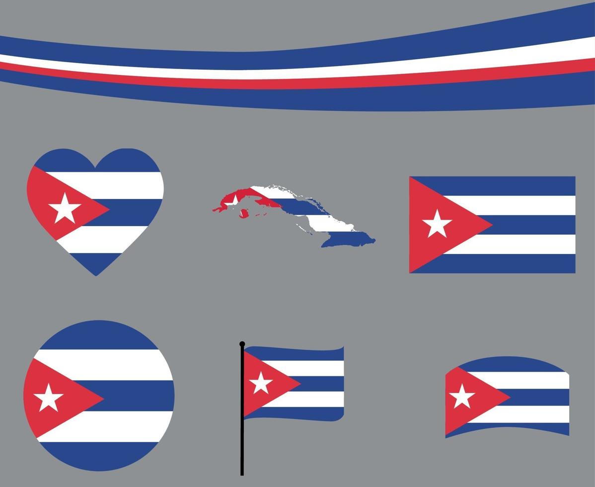 Ilustração em vetor ícones de coração e fita do mapa da bandeira de Cuba