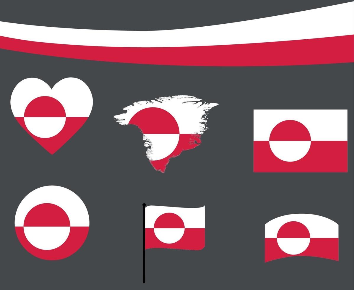 bandeira da Groenlândia mapa fita e ícones de coração ilustração vetorial resumo vetor