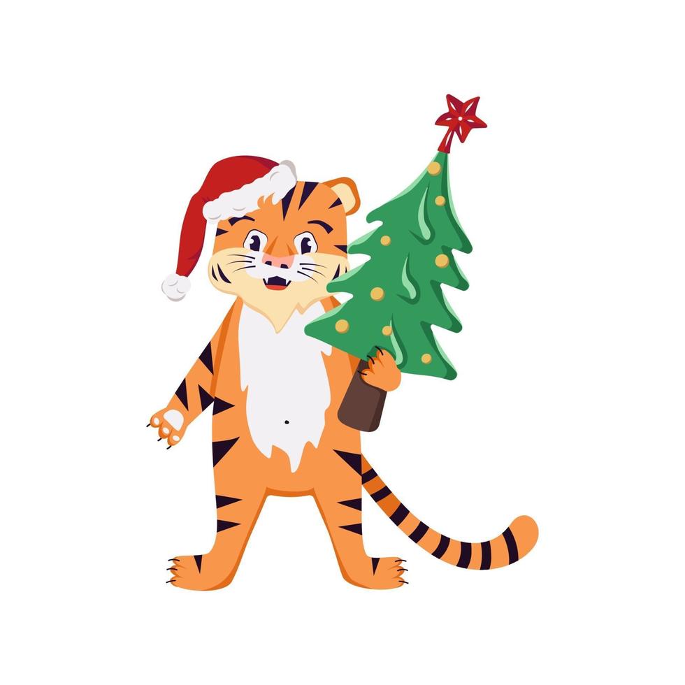 Filhote de tigre listrado laranja com um chapéu de Papai Noel vermelho e uma árvore de Natal vetor