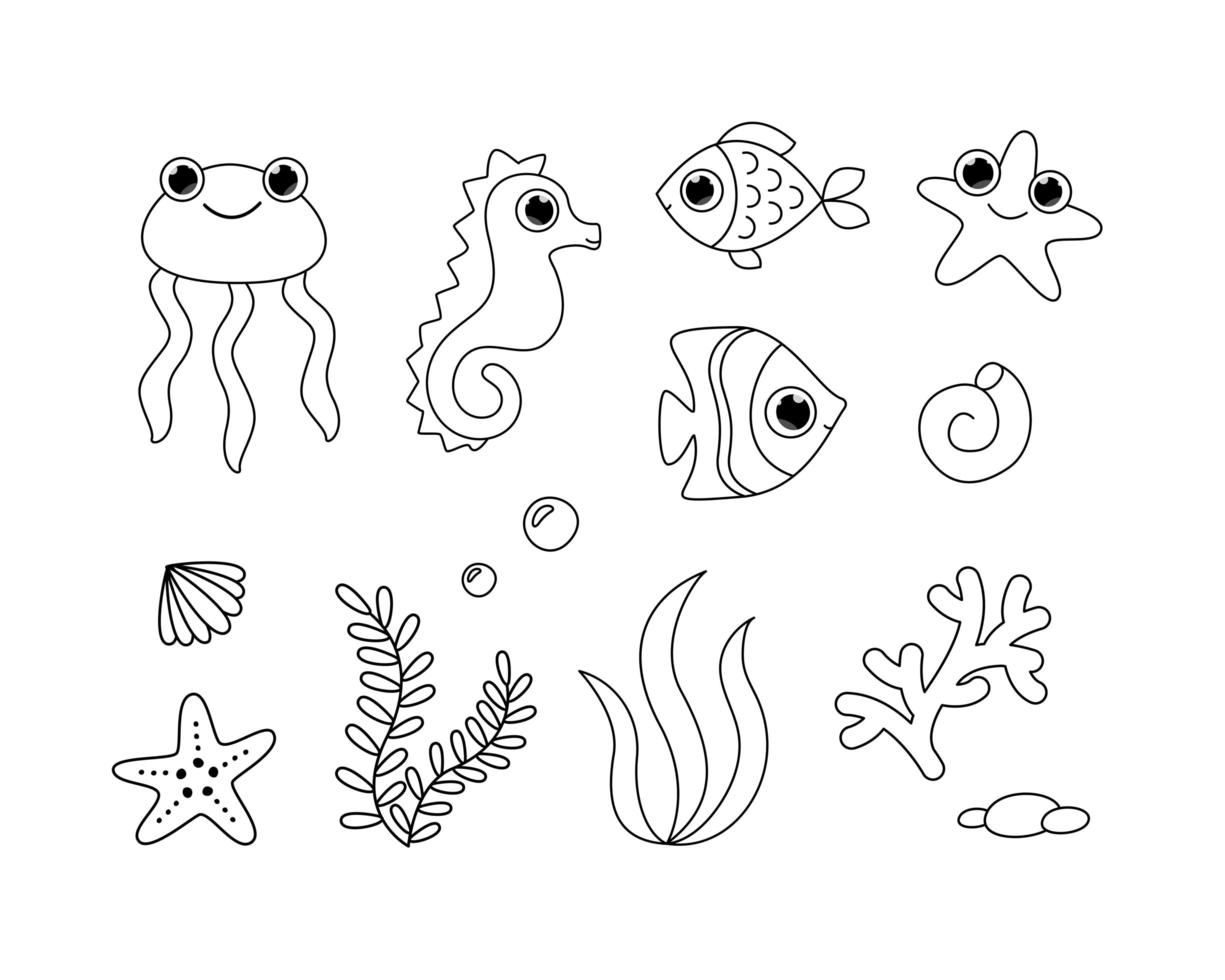 peixes bonitos do oceano e algas marinhas. página para colorir de vetor