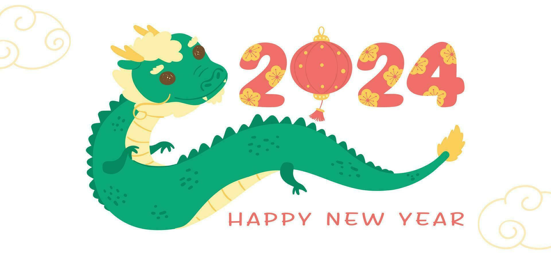 fofa bebê chinês Dragão verde Novo ano 2024 desenho animado personagem bandeira vetor