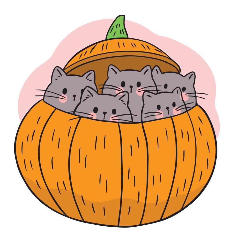 mão desenhar desenhos animados gatinho preto fofo halloween dentro de vetor de abóbora.